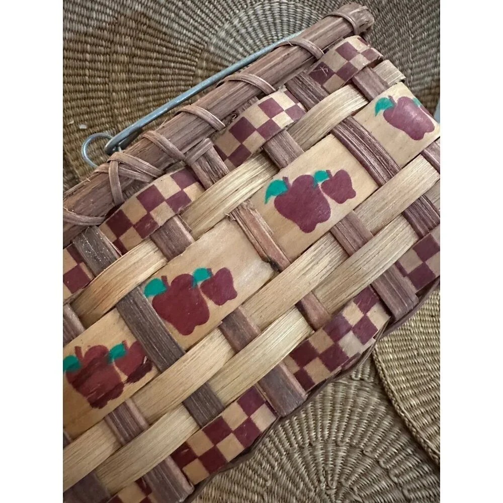 Vintage Woven Basket with Apple Design & Wooden Handle